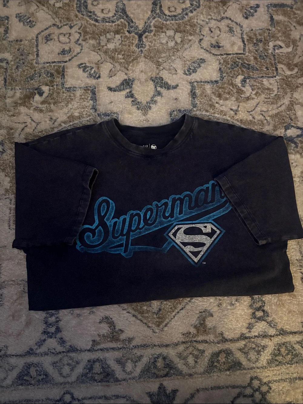 GAP Black Tee with Blue Superman Script